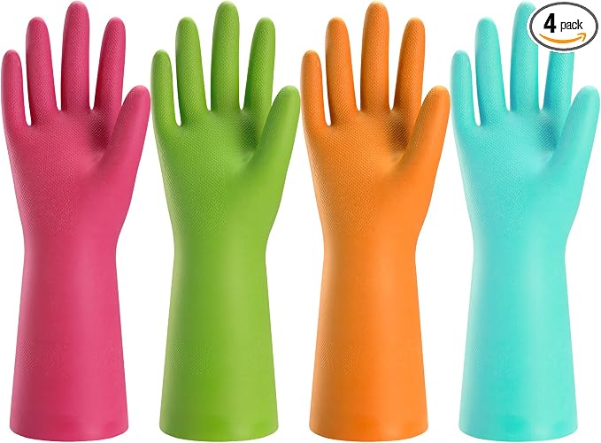 Bamllum Rubber Cleaning Gloves for Kitchen - 4 Pairs Reusable Dishwashing Gloves for Household, Flexible Long-lasting & Waterproof (Medium, Blue+Green+Red+Orange)