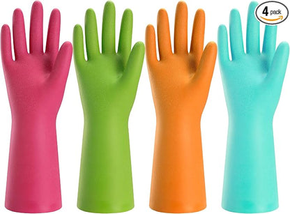Bamllum Rubber Cleaning Gloves for Kitchen - 4 Pairs Reusable Dishwashing Gloves for Household, Flexible Long-lasting & Waterproof (Medium, Blue+Green+Red+Orange)