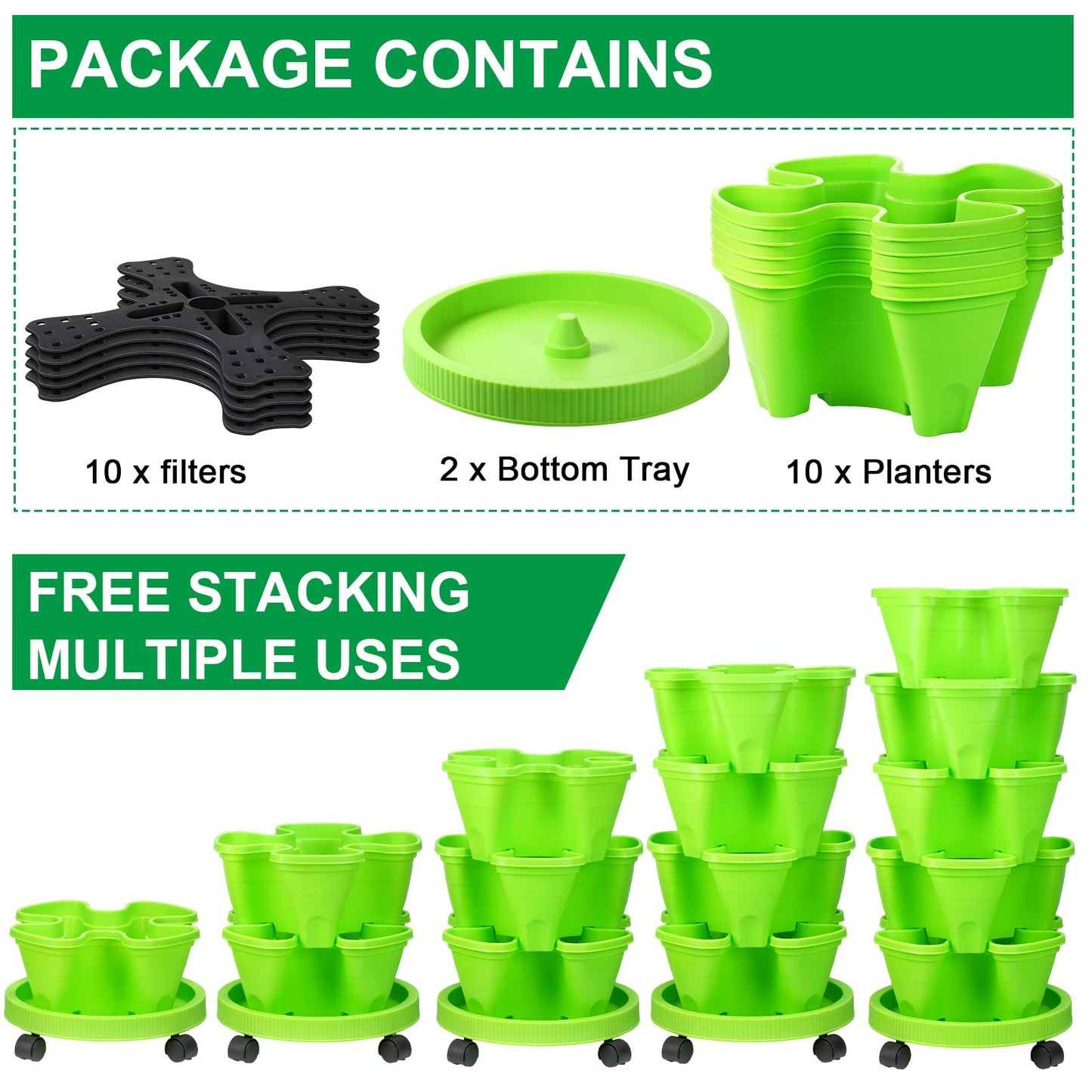 Umigy 2 Set 5 Tier Stackable Planters Vertical Garden Planters for Strawberry Herb Flower and Vegetable Indoor Outdoor Gardening Pots with Removable Wheels and Bottom(Green)