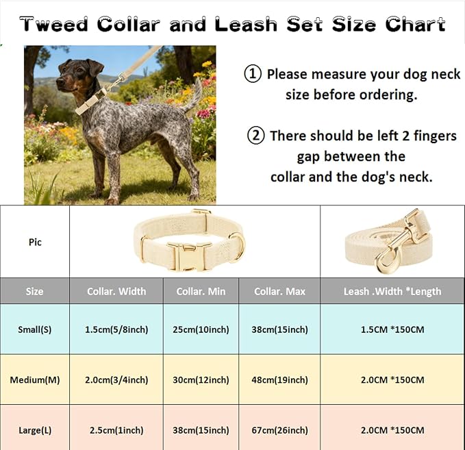 Luxury Soft Cotton Tweed Fabric Dog Collar & Leash Set with Gold Buckle – Durable Fabric, Stylish Design for Everyday Walks(Large Cream)