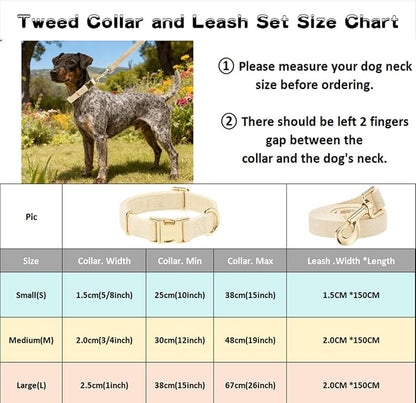Luxury Soft Cotton Tweed Fabric Dog Collar & Leash Set with Gold Buckle – Durable Fabric, Stylish Design for Everyday Walks(Small Cream)