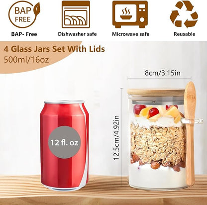 Glass Overnight Oats Containers with Lids and Spoons, 4 Pack 16oz Over Night Oats Jars with Secure-Grip Bands, Borosilicate Glass Salad Jars for Yogurt, Chia Pudding, Breakfast Oatmeal, Parfait