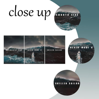 PSYYSP 3 Panel Canvas Prints Motivational Wall Art, Smooth Seas Never Made a Skilled Sailor Quote with Stormy Ocean Boat Scene for Living Room Office, Framed Canvas 60x28 Inch