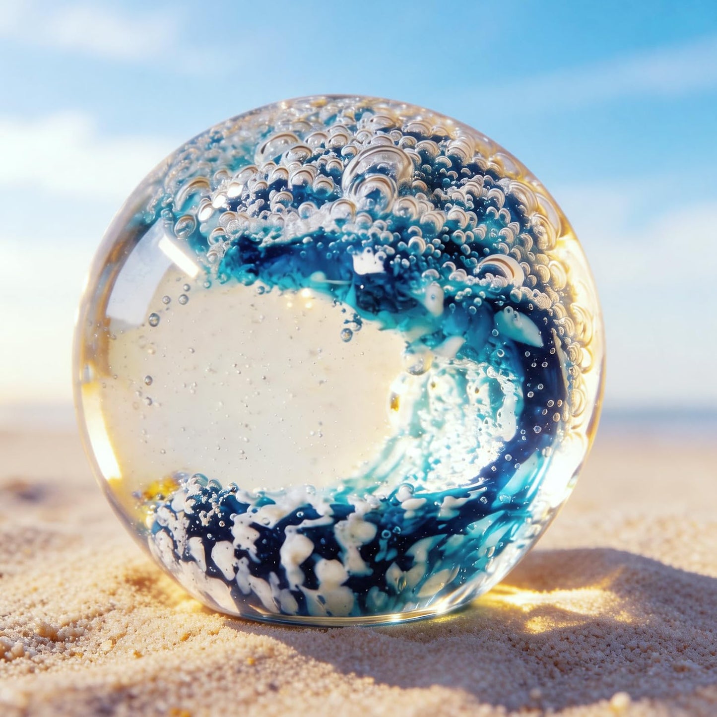 KWASVLYA Hand Blown Ocean Wave Crystal Ball Blue Crystal Art Decorative Sphere Paperweight for Desk Decor, Stress Relief Gift for Ocean Lovers & Women