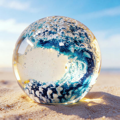 KWASVLYA Hand Blown Ocean Wave Crystal Ball Blue Crystal Art Decorative Sphere Paperweight for Desk Decor, Stress Relief Gift for Ocean Lovers & Women