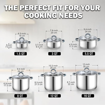 Cook N Home Basics 8 Quart Stainless Steel Stock Pot with Lid, Cooking Pot for Pasta, Soup, Stay-Cool Silicone Handle, Stockpot with Even Heating, Oven Safe, Cookware for Canning, Boiling, Simmer