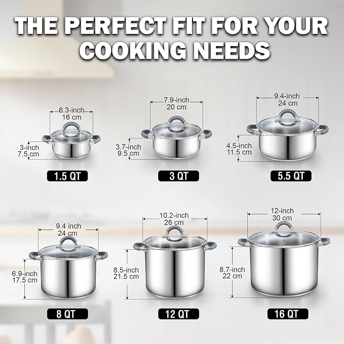 Cook N Home Basics 12 Quart Stainless Steel Stock Pot with Lid, Cooking Pot for Pasta, Soup, Stay-Cool Silicone Handle, Stockpot with Even Heating, Oven Safe, Cookware for Canning, Boiling, Simmer
