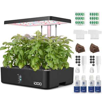iDOO Hydroponics Growing System Kit 12Pods, Christmas Gifts for Women Mom, Herb Garden Indoor with LED Grow Light for Home, Built-in Fan, Auto-Timer, Adjustable Height Up to 11.3", 12Pods Kit-Black