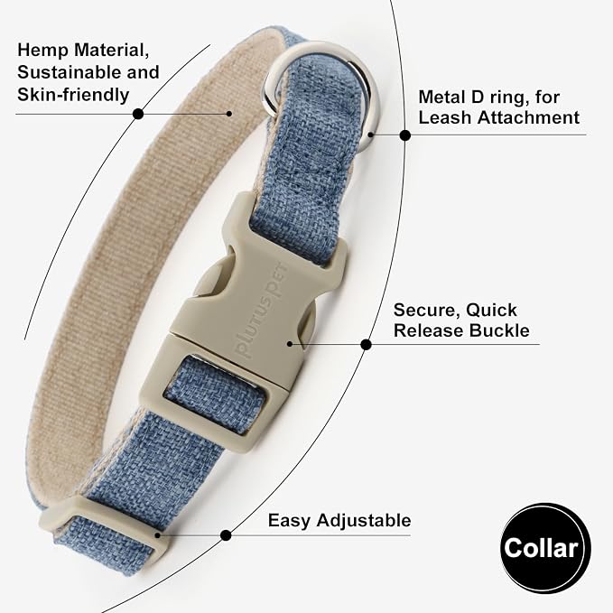 Plutus Pet Cotton Hemp Dog Collar and Leash Set, Adjustable Collar for Small, Medium, and Large Dogs, Heavy Duty and Soft on Skin, Haze Blue, XL