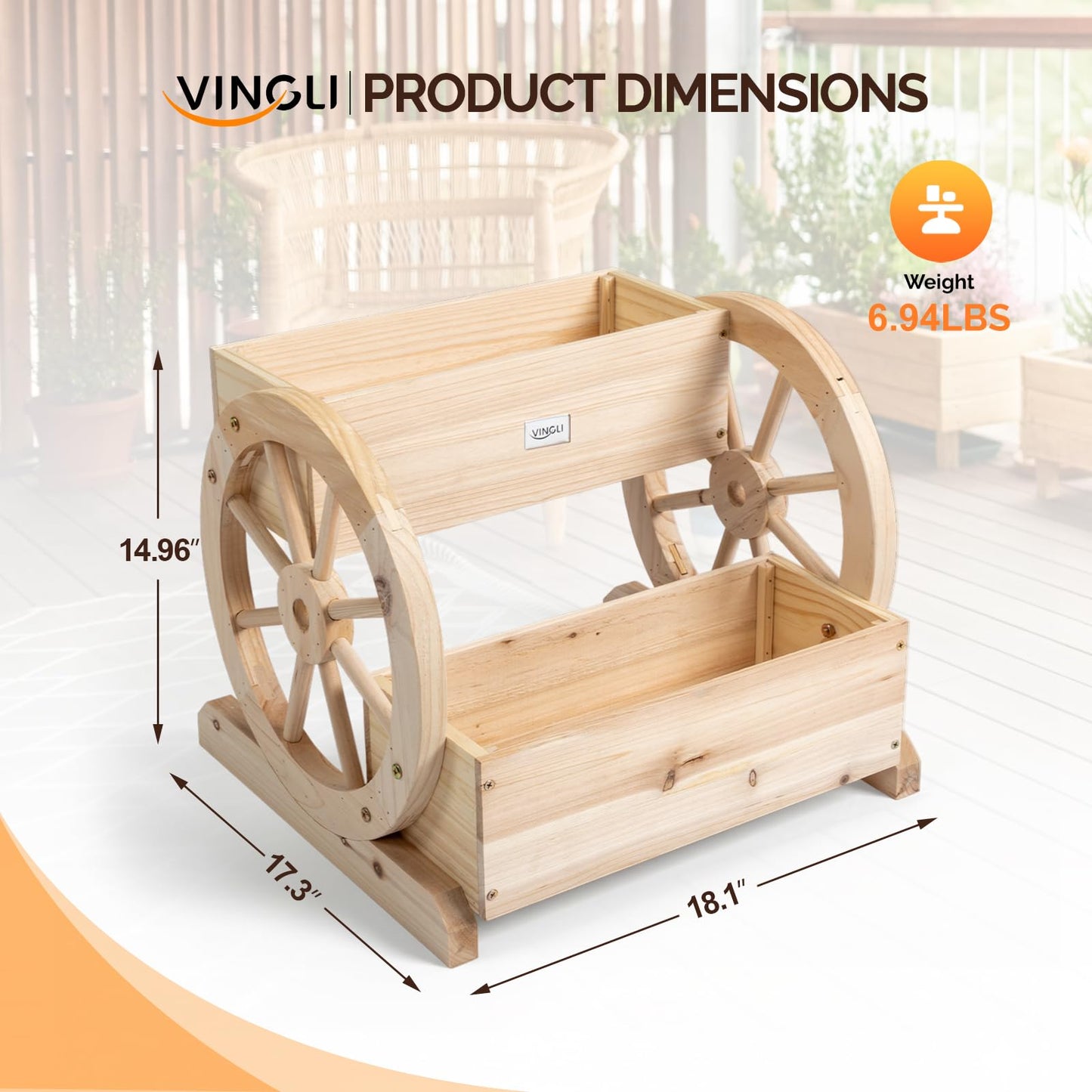 VINGLI Cute Wooden Wagon Planter Box with Storage, Rustic Wheel Planter Decor for Flowers, Herbs, Vegetables - Patio, Balcony, Garden, Backyard - Indoor Outdoor Bench Cart 2 Tires (Natural Wood)