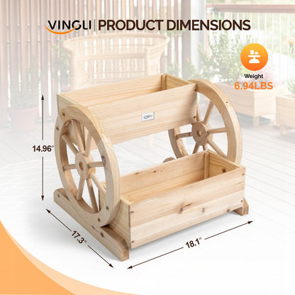 VINGLI Cute Wooden Wagon Planter Box with Storage, Rustic Wheel Planter Decor for Flowers, Herbs, Vegetables - Patio, Balcony, Garden, Backyard - Indoor Outdoor Bench Cart 2 Tires (Natural Wood)