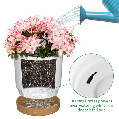 FIASON 8 inch Plant Pots, Plastic Planter with Drainage Hole and Saucer, A Set of 2 Flower Pots for Indoor, Outdoor, House Plants, Succulents, Flowers (White)