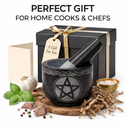 KC KULLICRAFT Mortar and Pestle Set Unique - Black Pestle and Mortar Bowl Solid Stone Grinder for Herbs Spice Guacamole Garlic Ginger Root