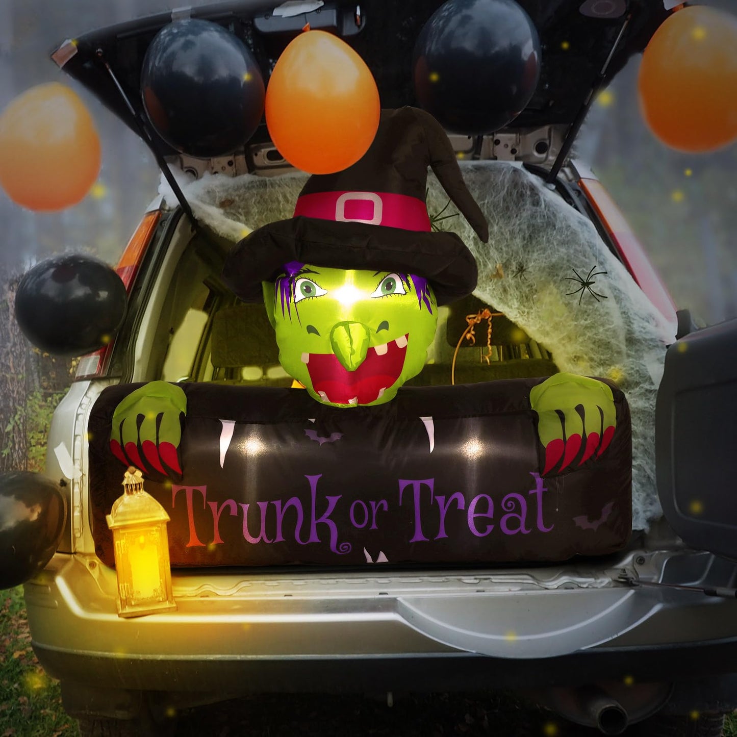 Colingmill 4.3ft Halloween Trunk or Treat Car Decoration Inflatable with Built-in LED Blow up Halloween Inflatable Witch Cat Pumpkin Outdoor Decor for SUV Yard Holiday Party Decor(Witch)