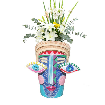 Bsearty Big Eye Face Planter, Tall Cartoon Abstract Resin Flower Pot, Colorful Funky Vase for Succulents (Blue, Large)