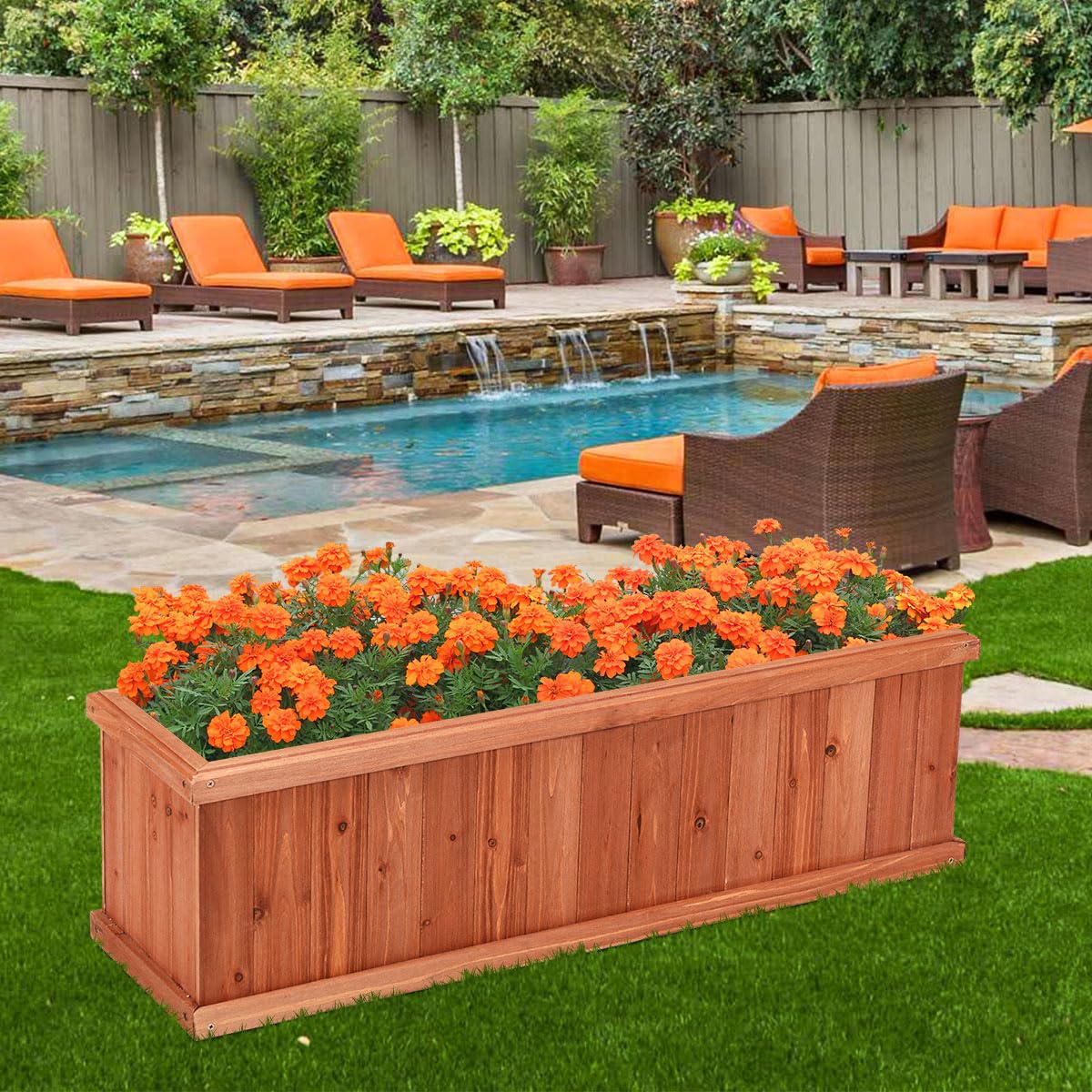 LDAILY Raised Garden Bed, Outdoor Rectangle Flower Beds with Bottom Panels & 2 Drainage Holes, Wood Planter Box for Flowers/Vegetables/Fruits in Backyard Patio (40" L x 12’’ W x 12’’ H)
