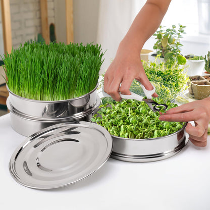 Tlence 9" Stackable Stainless Steel Seed Sprouting Kit, 3-Tier Mesh Germination Tray, Seed Sprout Grower with Lid Base, Microgreens Propagator for Beans Peas Broccoli Wheat Grass, Soil Free