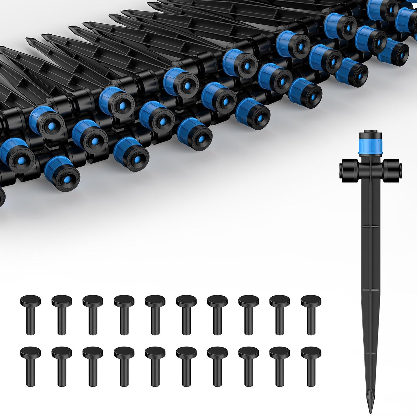 Pawfly 60 Pcs Push-to-Fit Drip Irrigation Emitters for 1/4 Inch Tubing with Stake & End Plugs, Two-Way Connection Irrigation Drippers, Drip Emitters Sprayers with Adjustable 360 Degree Water Flow