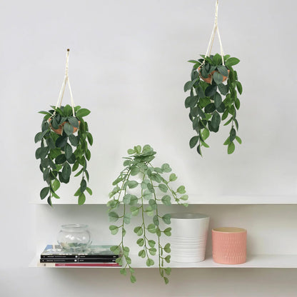 Hisow Hanging Plants Artificial Decor, Fake Hanging Plant in Clay Pot Artificial Hanging Plants with Fake Leaves and Hook for Wall Home Room Indoor Outdoor Décor (Dark Green)
