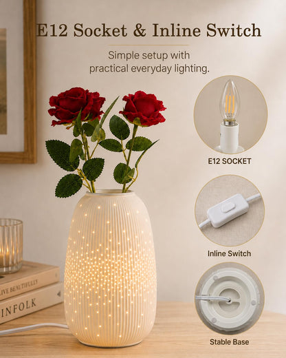 TACAHE Ceramic Vase Table Lamp, 2700K Bulb & 3 Artificial Flowers Included, E12 Socket, Inline Switch, Handmade Openwork Craft, Ambient Light for Living Room Bedroom - Starry 9.3"