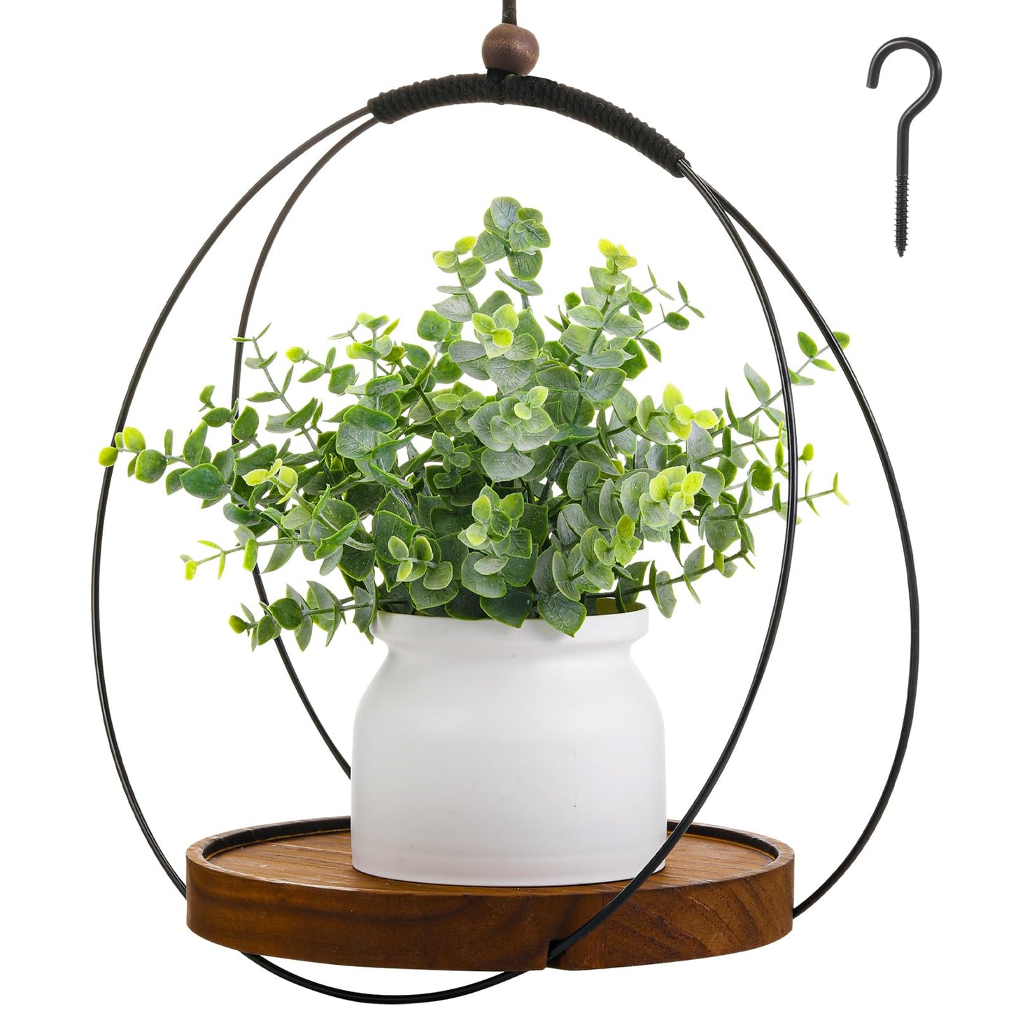 Threehoney 1 Pack Hanging Planters for Indoor Black Plant Hanger with Round Wood Base Large Indoor Hanging Plant Shelf Boho Holder Gift for Mom,housewarming (7.9 '')