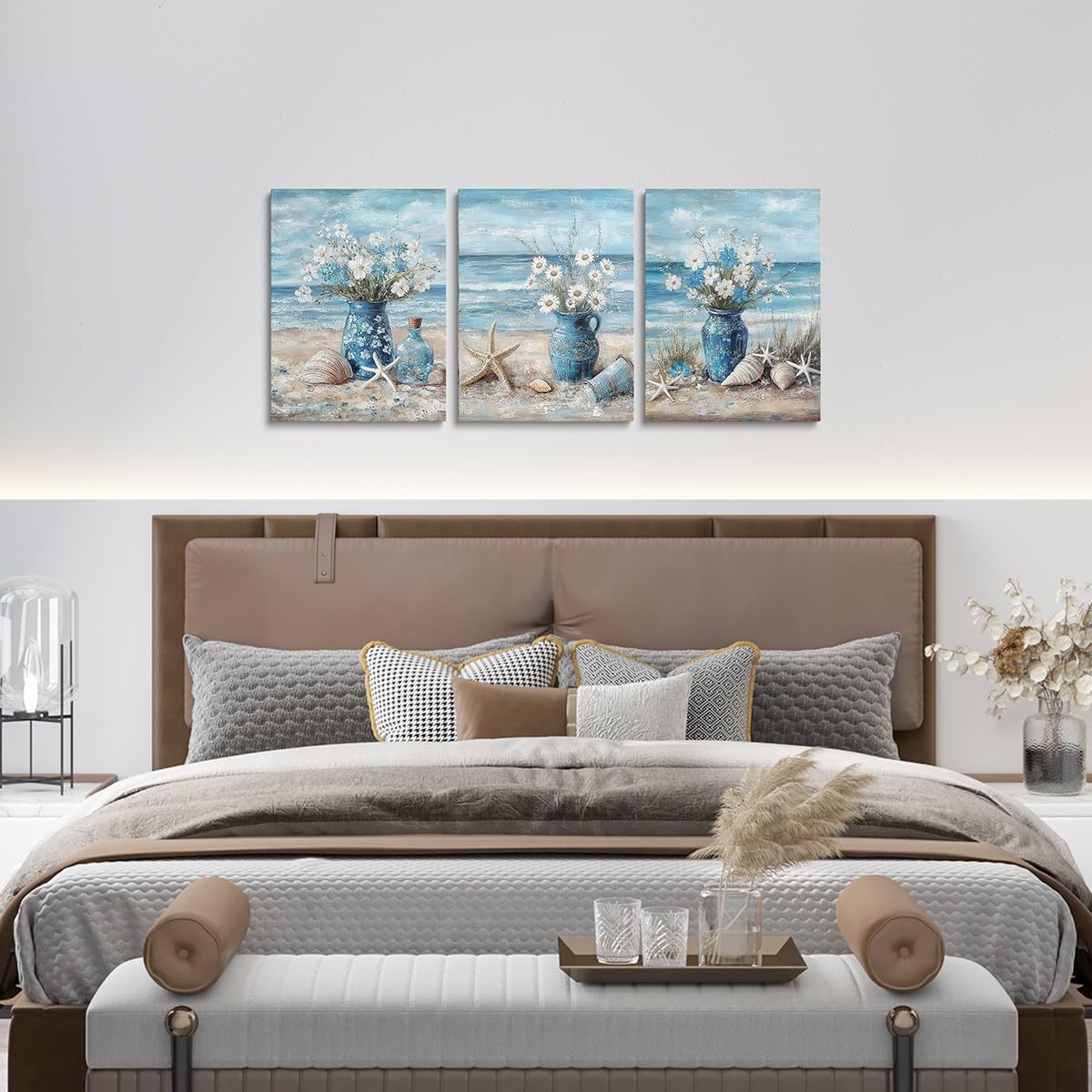 jejeloiu Blue Beach Canvas Wall Art for Living Room Bedroom 12"x16"x3pcs Daisy Flroal Picture Wall Decor for Bathroom Starfish Coastal Ocean Office Decorations Artwork Posters Ocean Marine Painting