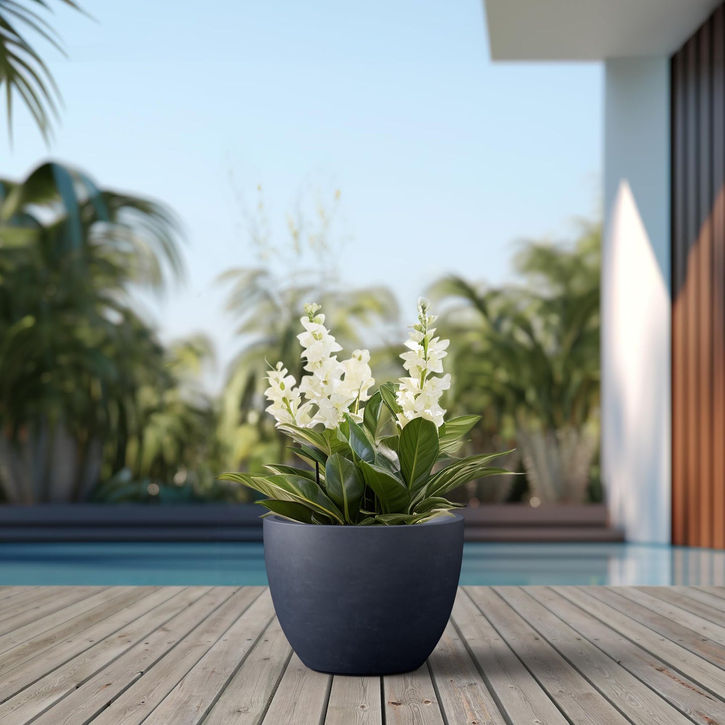 Kante 14.2 Inch Round Concrete Planter - Classic Large Indoor/Outdoor Plant Pot with Drainage Hole and Rubber Plug, Suitable for Gardens and Patios, Charcoal