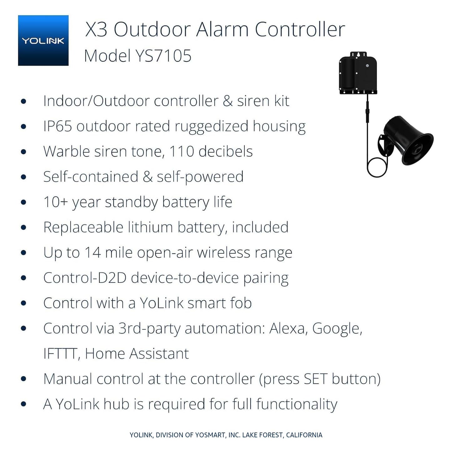 YoLink Outdoor Security Siren & Smart Alarm Controller Kit - Loud 110 dB, Wireless, Battery-Powered, 1/4 Mile Range, Android-iOS App, Alexa, Google, IFTTT, Home Assistant, Hub Required!