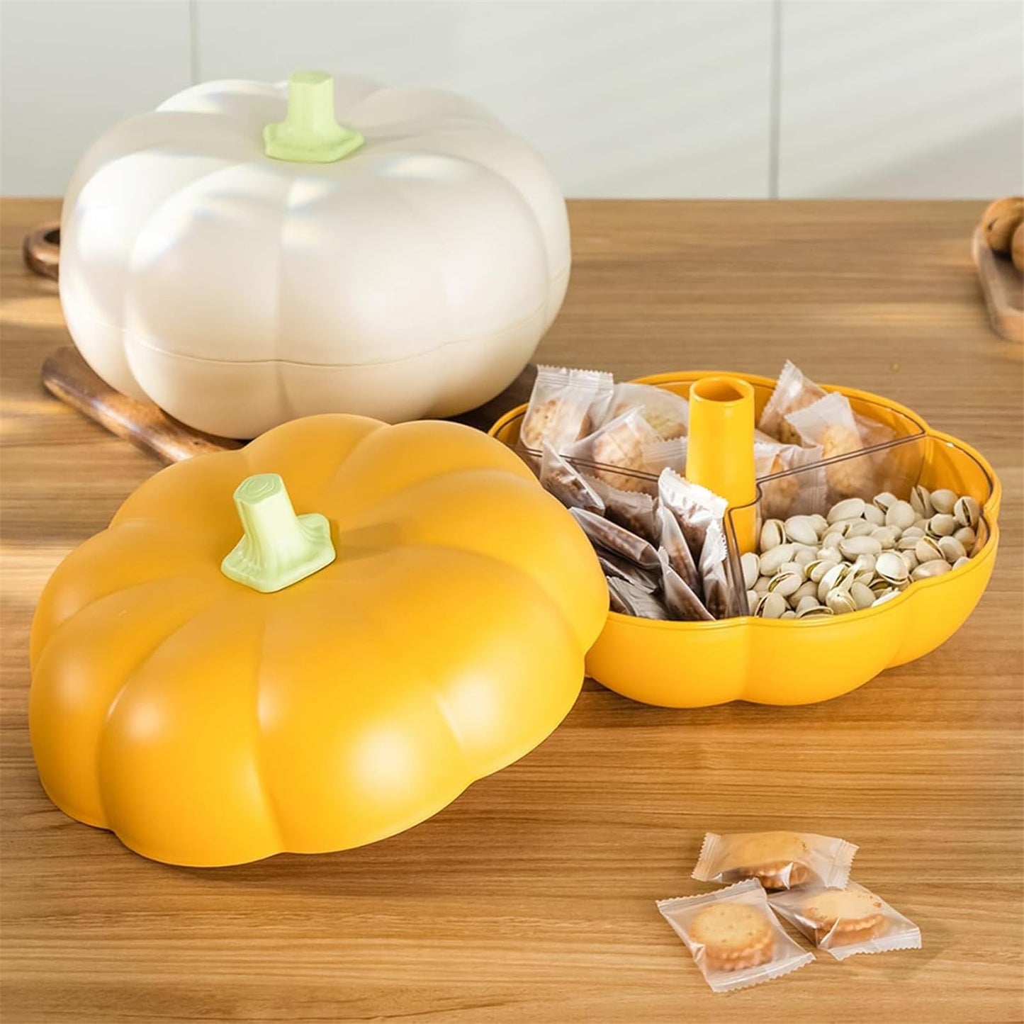 ATMEET Halloween Pumpkin Snackle Box Container Halloween Decorations Organizer Versatile Snack Storage 2 Tier Lazy Susan Divided Serving Tray