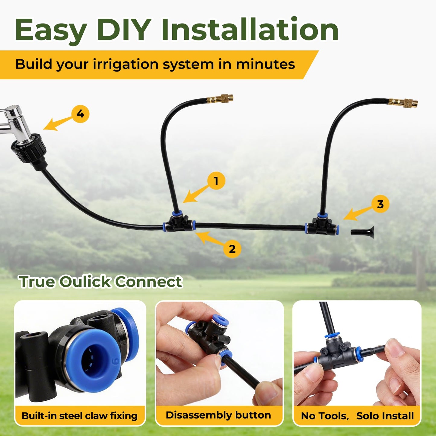 50FT Drip Irrigation Kit, 360° Adjustable Garden Watering System with 1/4" Tubing, Brass Misting Nozzles, DIY Irrigation System for Plants, Raised Beds, Greenhouse