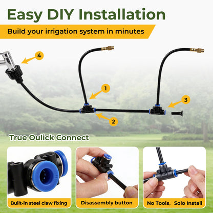 50FT Drip Irrigation Kit, 360° Adjustable Garden Watering System with 1/4" Tubing, Brass Misting Nozzles, DIY Irrigation System for Plants, Raised Beds, Greenhouse