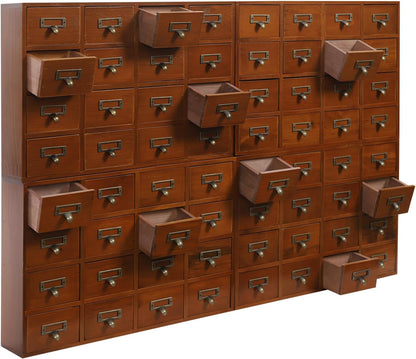 Vintage Drawer Wooden Desk Organizer, 16-Drawer Gift Storage Case Organizer Stand, Iron Label Holders, Brown, For Store Cosmetics, Files, Books, Letters, Papers, Magazines (64-Drawer/Brown)