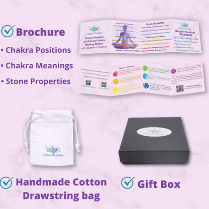 NatureWonders All Natural 7 Chakra Stone Set (Pyramid) with Engraved Symbols (Gift Box, Information Brochure & Pouch) - Healing Crystals, Balancing, Tumbled Palm Stone, Touchstone, Meditation