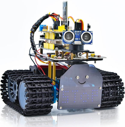 KEYESTUDIO Mini Tank Kit V2 Smart Car for Arduino, IR Infrared and App Remote Control (iOS and Android), Light and Ultrasonic Follow, 8X16 LED Panel, Ultrasonic Obstacle Avoidance,15+