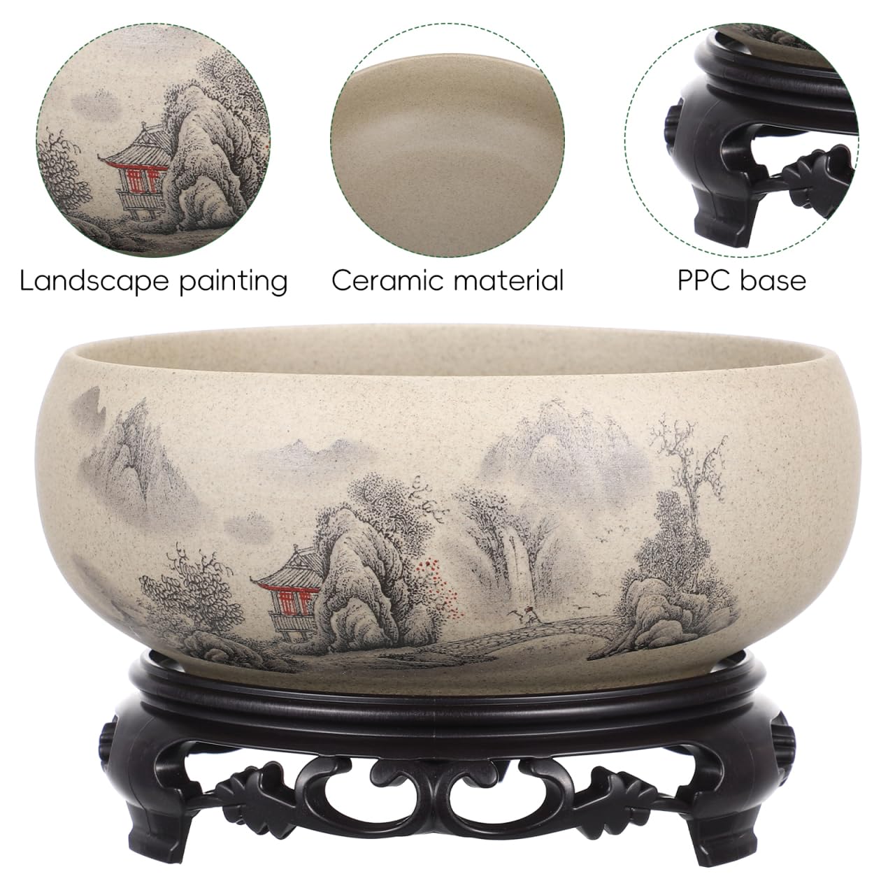 Angoily Pottery Lotus Bowl Planter Bonsai Tree Pot Ceramic Flower Pot No Drainage Hole Hydroponic Water Lily Bowl with Base 6.7 Inch Round Narcissus Container for Indoor Zen Home Decor