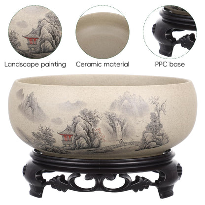 Angoily Pottery Lotus Bowl Planter Bonsai Tree Pot Ceramic Flower Pot No Drainage Hole Hydroponic Water Lily Bowl with Base 6.7 Inch Round Narcissus Container for Indoor Zen Home Decor