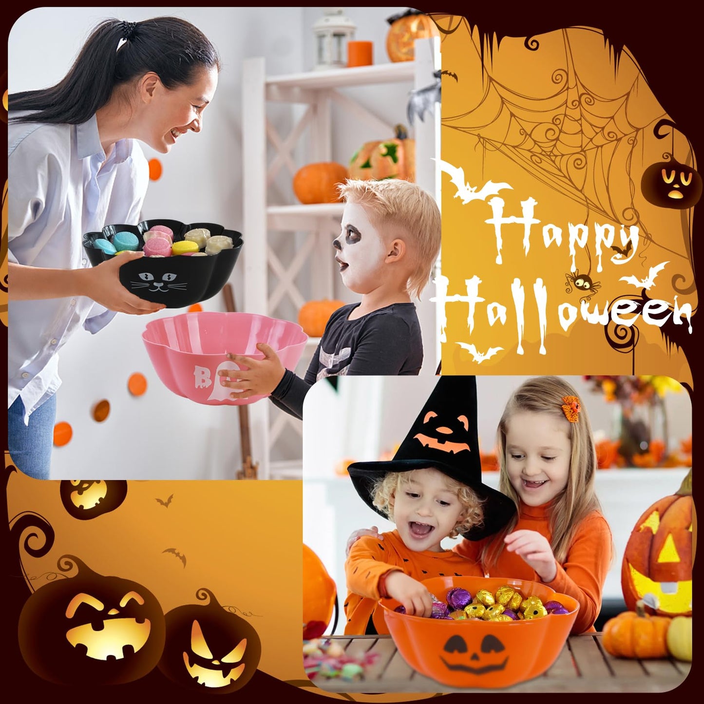 JYXCJL 4 Pcs Large halloween candy bowl Trick or Treat Candy Bowl 11.6x4.3 Inch Reusable Plastic Pumpkin Bowl for Halloween Party Decor Supplies (Pink)