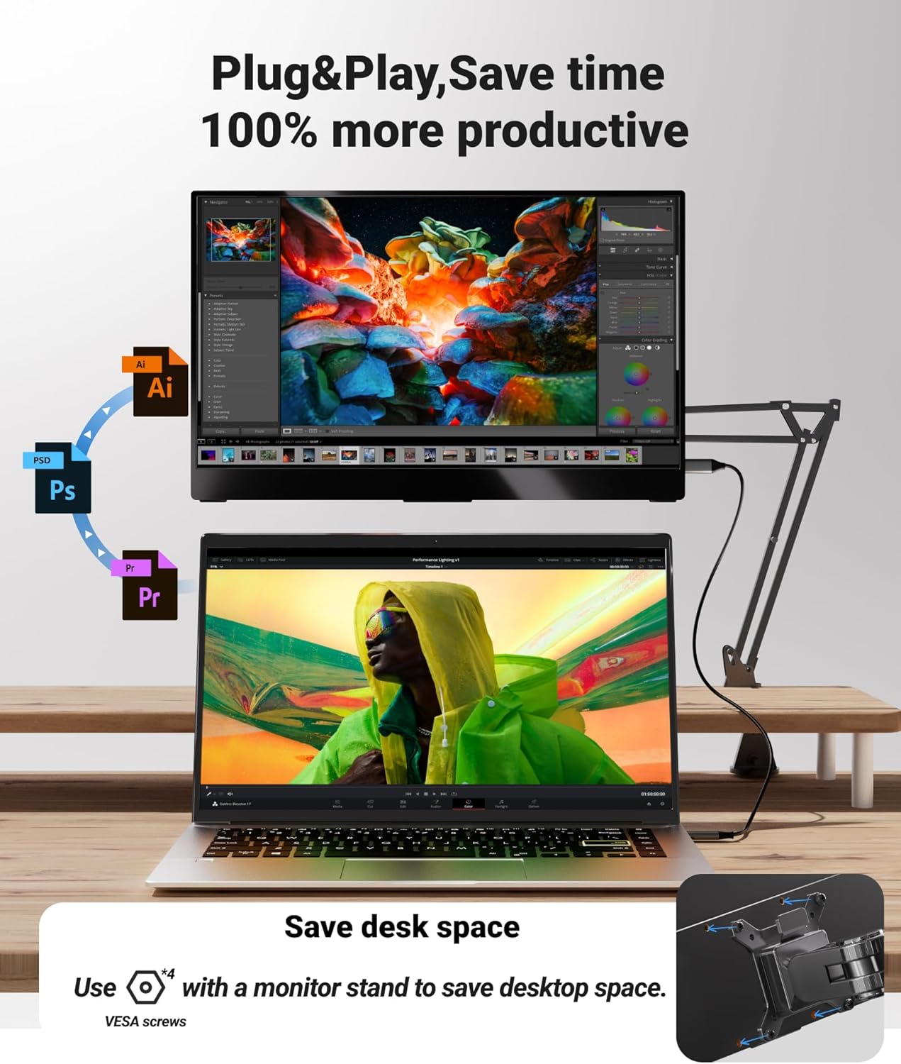 Ingnok Portable Monitor, Ultra Slim 15.6 Inch FHD IPS Laptop Screen Extender with Adjustable Stand, USB C Compatible, Ideal for Travel and Office