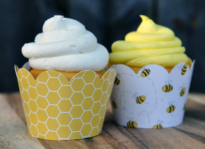 Honey Bee Cupcake Wrappers for Gender Reveal, Birthday Parties, Bridal Showers, Baby Showers, or Backyard Summer gatherings. Set of 24 Honey Bee Scalloped Cup Cake Holder Wraps. Yellow, Black