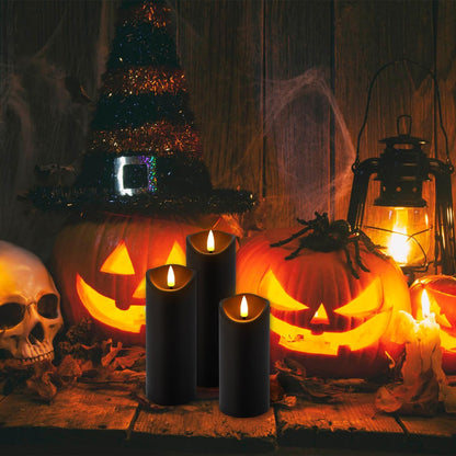 CAKETYCG 24 Pack Black Halloween Decoration Flickering Flameless Candles(D2.2 xH 5" 6" 7"), Battery Operated LED Pillar Candles with Remote Control and Timer,for Home Decor.