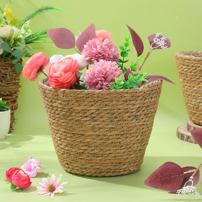 Wicker Planter Baskets with Plastic Liner: 2Pcs Round Seagrass Planter Storage Baskets, Straw Woven Rattan Flower Plants Pot Covers for Indoor Outdoor, Rustic Boho Farmhouse Decor 9 X 9 X 6.5''