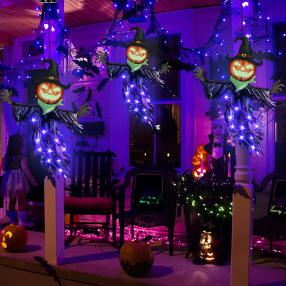 ILLUMINEW Solar Halloween Metal Hanging Decorations Outdoor, Solar Powered Lighted Metal Pumpkin with Glowing Eyes for Halloween Outdoor Tree, Wall, Porch, Patio Decor (Pumpkin-Purple)