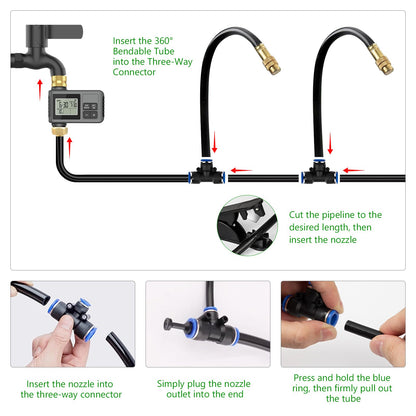 120 Ft Drip Irrigation System with Smart Water Timer – Automatic Garden Watering Kit with Solid Brass Metal Connectors, 360° Adjustable Nozzles & Bendable Tubing for Garden, Greenhouse & Lawn
