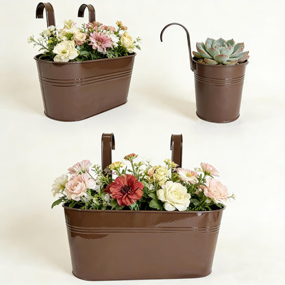 Joyfernal Set of 12 Balcony Hanging Planters, 4 Pcs 17" Metal Railing Flower Pots & 4 Pcs 12" Deck Planter & 4 Pcs 4" Fence Pot for Outdoor Patio Garden Décor, Chocolate