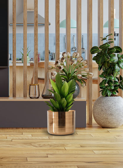 Serene Spaces Living Gold-Finish Metal Indoor Vase, Round Cachepot for Potted Plants, No Drainage Hole, Elegant Floor Planter for Living Room, Office, Kitchen, Wedding, Party, 11" Dia & 9" Tall