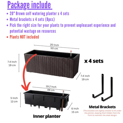 LaLaGreen Wall Planters Outdoor (20 Inch, 4 Pack) Brown Rectangular Window Flower Boxes with Brackets Self Watering System, Vertical Wall Mounted Plant Pot Container Herb Garden Balcony Indoor Decor