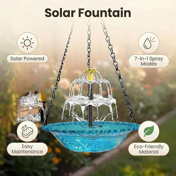 2026 Solar Cascade Hanging Bird Bath Fountain - 3 Layers Outdoor Water Feature for Hummingbirds, Easy-Clean 9.3" Glass Basin with Solar Powered Pump, Attract Wild Birds to Garden, Patio (Orange)
