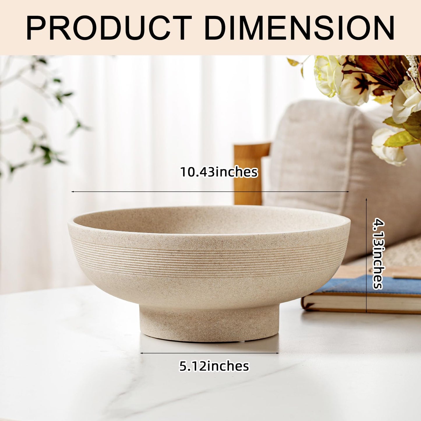 WUUAHOME Large Decorative Fruit Bowl for Kitchen Counter, Sandstone Look Modern Minimalist Snack Candy Bowl for Table Centerpiece Decor, Home, Office, Hotel, Entryway (Beige)