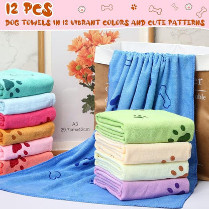 Irenare 12 Pack Dog Bath Towel Set 20'' x 39'' Microfiber Towels for Drying Dogs, Dog Drying Grooming Towel Absorbent Quick Soft Cat Shower Essential for Small Medium Puppy Pet(Multicolor)