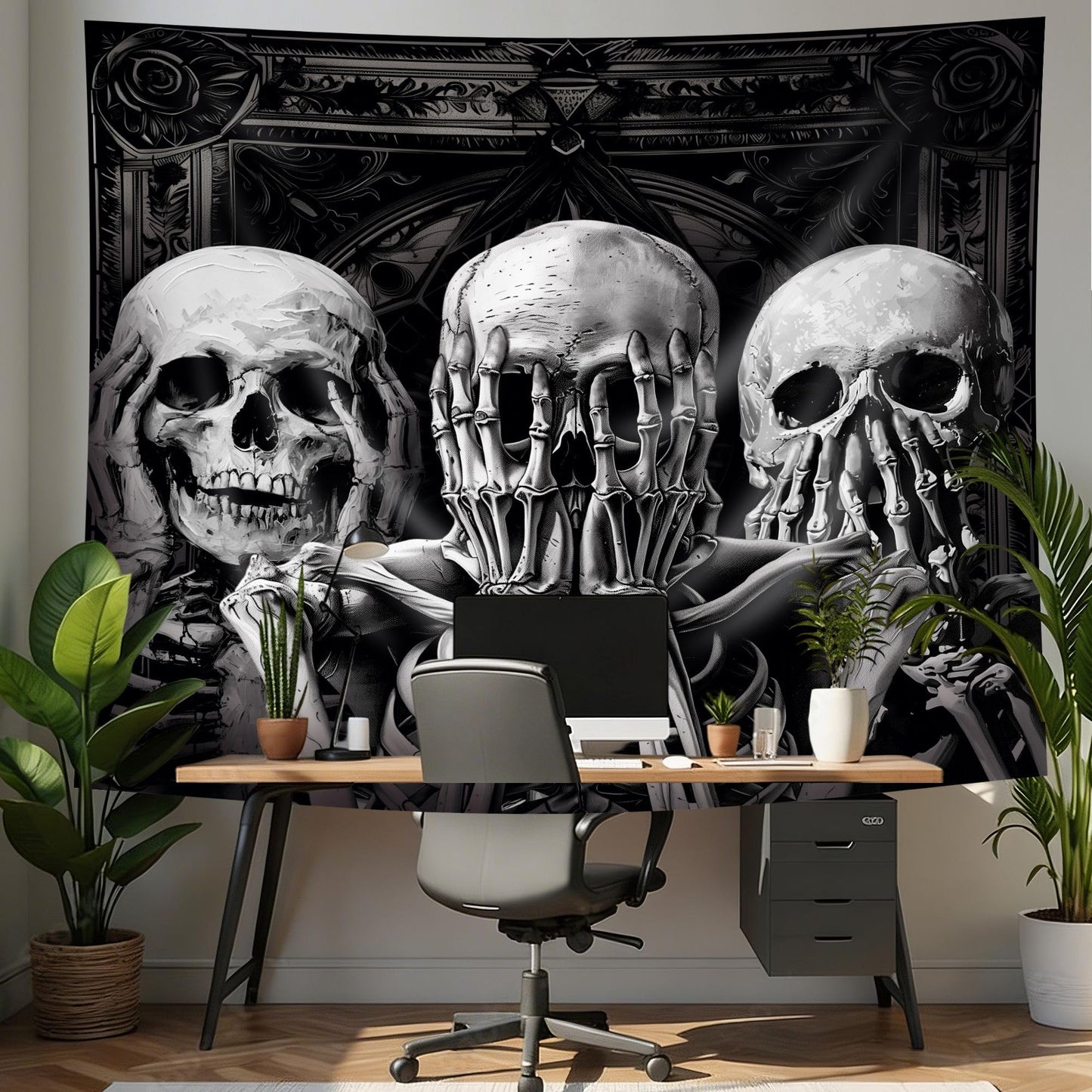 Mitpok Gothic Skull Tapestry Large Spooky Black Skeleton Goth Witchy Vinatge Funny Hilarious Cool Unique Wall Decor 71Hx91W Inch Halloween Wall Art Hanging Bedroom Living Room Dorm Wall Home Decor